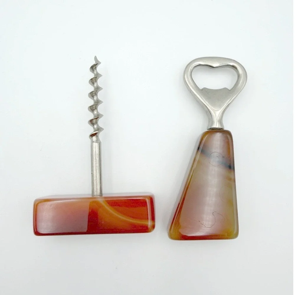 VTG Genuine Red Carnelian Agate Handle Corkscrew & Bottle Opener Bar Tool Set